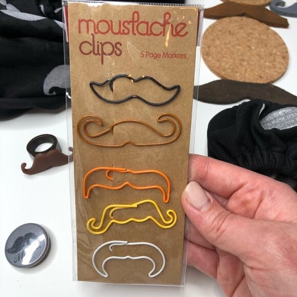 MOUSTACHE Lover BUNDLE - Scarf Erasers Coasters Pin Ring Steering Wheel Cover - Picture 2 of 15